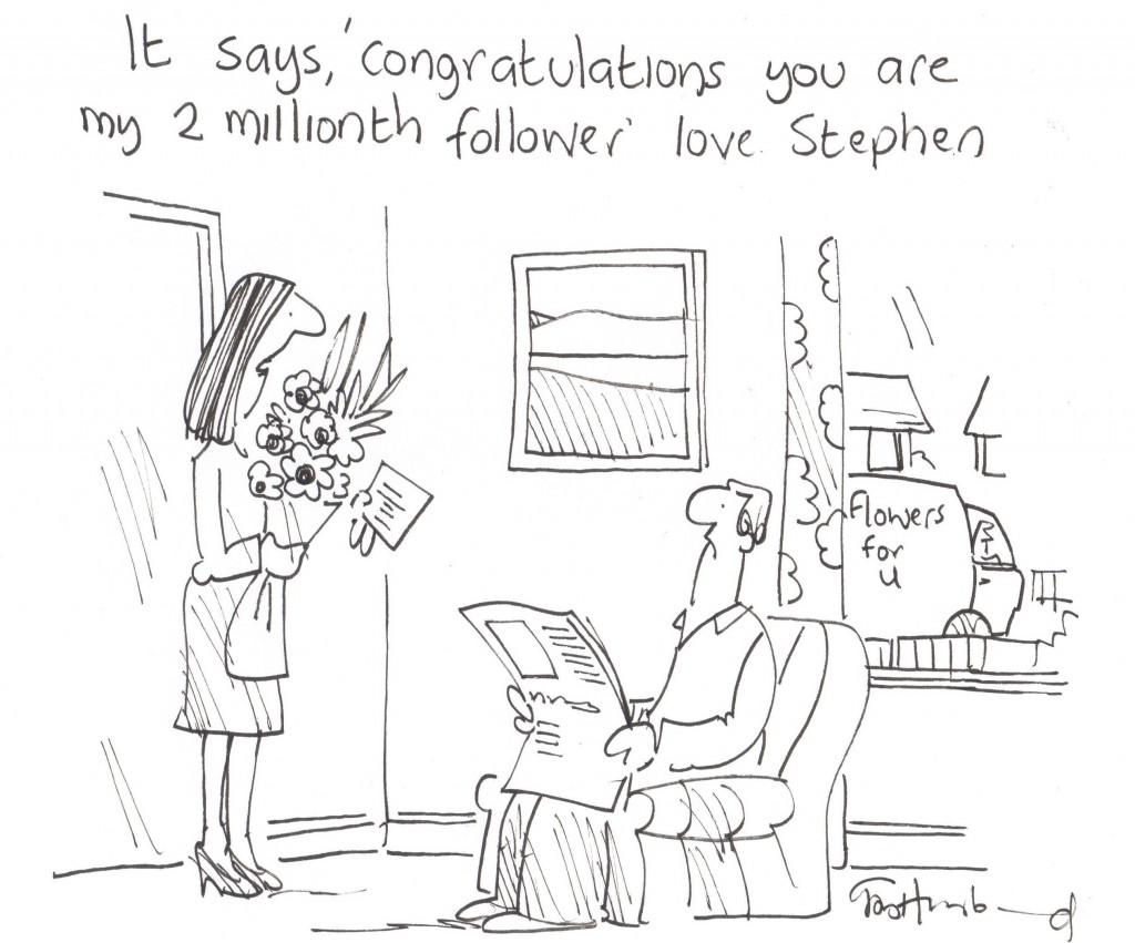 It says, 'congratulations you are my 2 millionth follower' love Stephen
